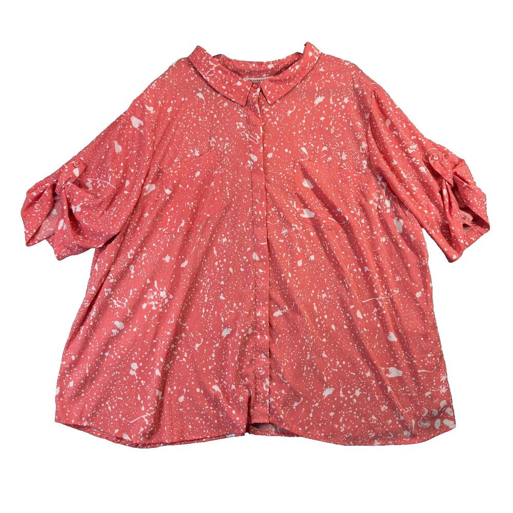 Roamans Shirt Womens 32W Orange Paint Splatter Short Sleeve Polyester Button Up
